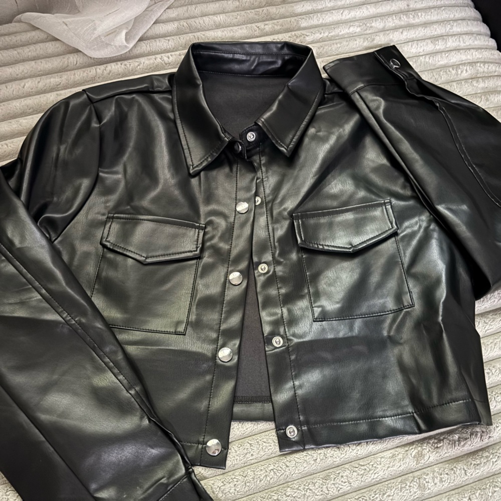 SHEIN Shiny Black Leather Jacket - Picture 2 of 2